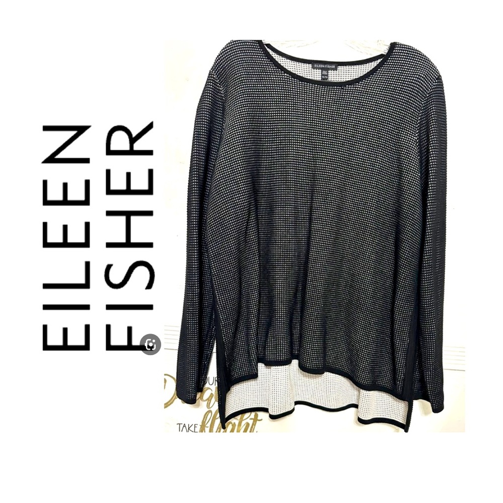 EILEEN FISHER PLUS Black Textured Hi-Lo Silk Organic Cotton Women Sweater XL
